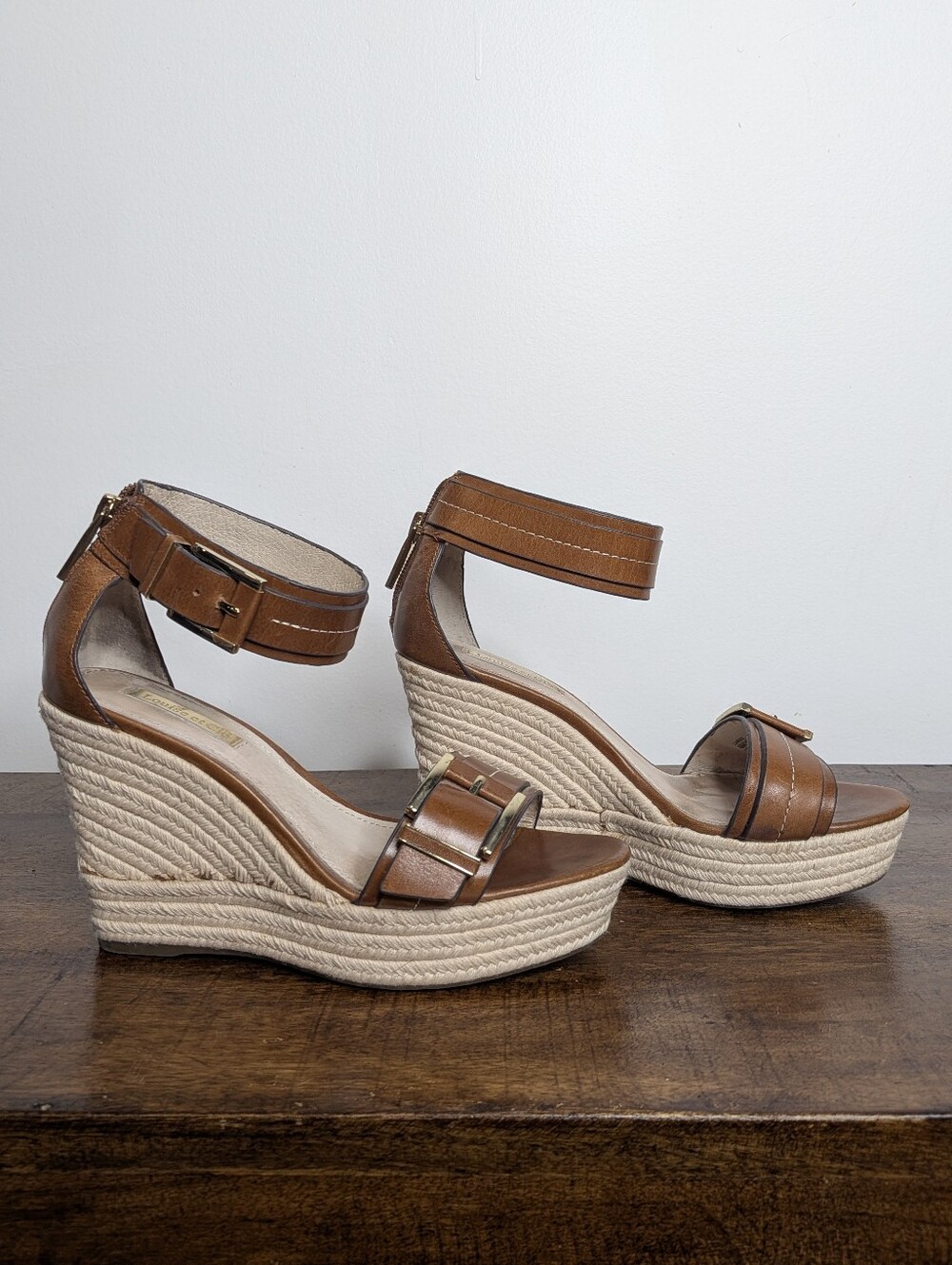 Louise et Cie Brown Leather Espadrille Wedge Sandals Ankle Strap Heel Zip Size 6